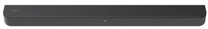 Długi czarny soundbar z logo Sony i napisem 'TV', na białej powierzchni.