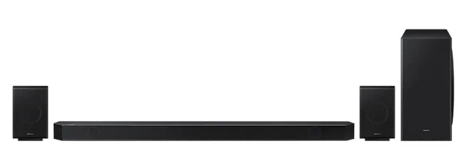 Czarny zestaw audio, w tym soundbar, dwa głośniki i subwoofer.