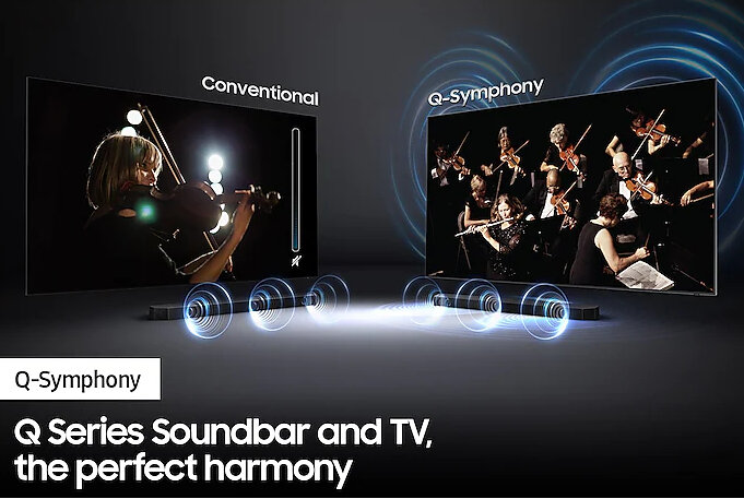 Zdjęcie przedstawia dwa telewizory. Jeden z skrzypkiem, drugi z orkiestrą, ilustrujący technologię dźwięku.