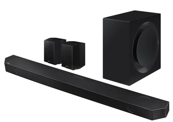 Czarny soundbar Samsung z dwoma małymi głośnikami i subwooferem.