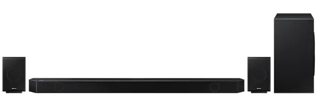 Biały soundbar z białym subwooferem na białym tle.