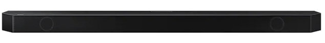 Czarny soundbar, widok z przodu. Posiada dwa otwory na głośniki i elegancki design.