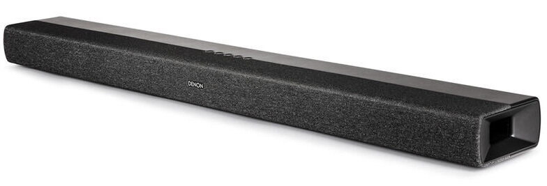 Długi, czarny soundbar z logo Denon, umieszczony na białej powierzchni.
