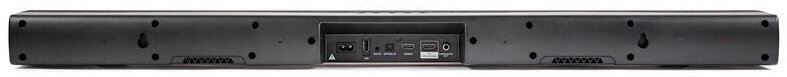 Czarny soundbar z portami z tyłu. Zawiera zasilanie, USB, HDMI i inne połączenia.