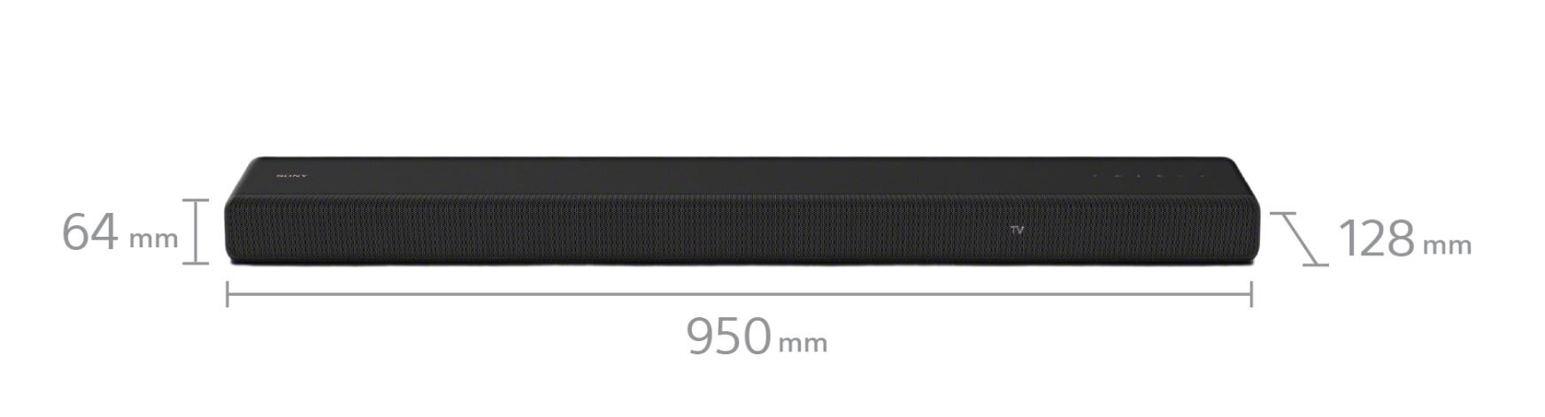 Czarny soundbar z wymiarami. Ma 950 mm długości i 64 mm wysokości, 128 mm głębokości.