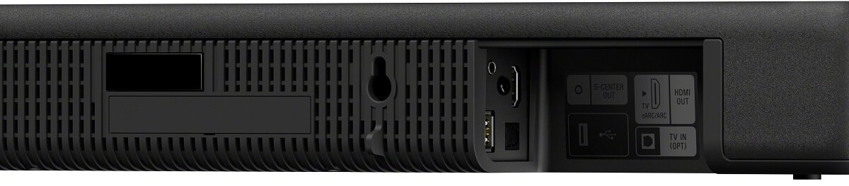 Tył czarnego soundbaru z różnymi portami i wejściami.