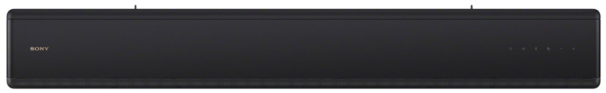 Czarny soundbar ze słowem "SONY". Ma rząd przycisków na górze.
