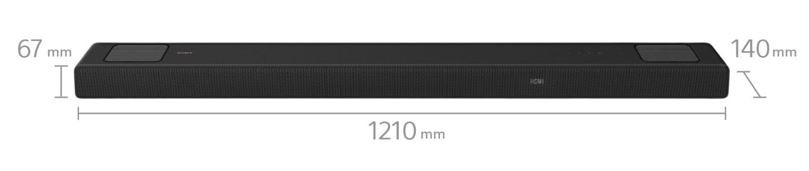Czarny soundbar, oznaczony HDMI, ze znacznikami wymiarów.