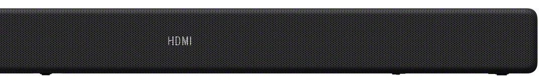 Czarny soundbar z logo HDMI widocznym z przodu.