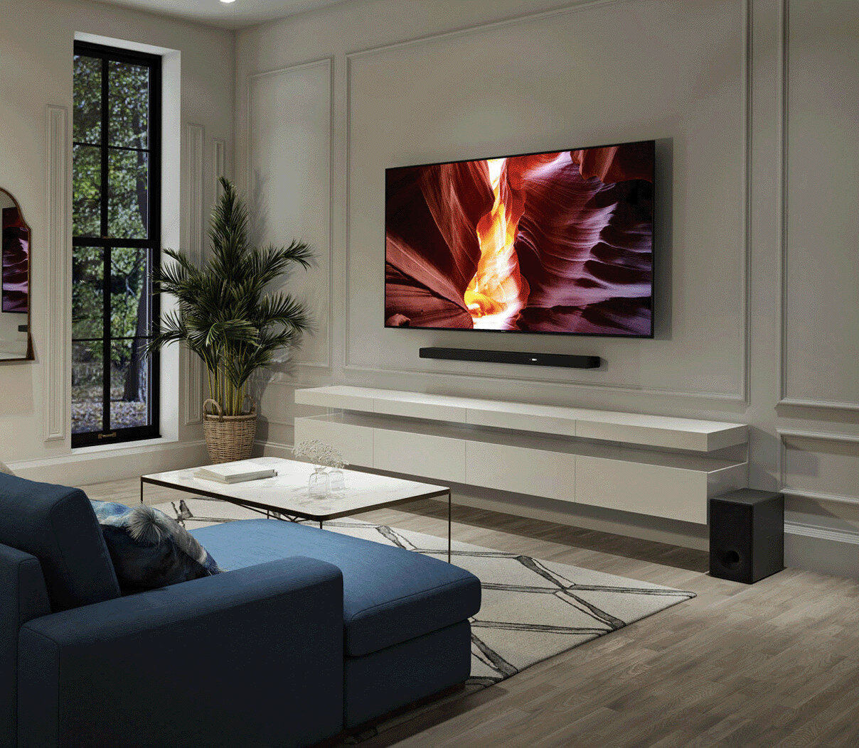 Salon z telewizorem, soundbarem i nowoczesnym wnętrzem.