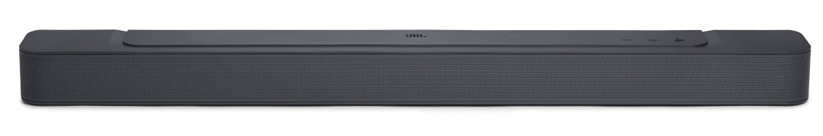 Czarny soundbar z siatkowym przodem, rzędem przycisków i białym tłem.