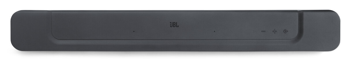Pokazany jest ciemnoszary soundbar JBL. Ma zaokrąglone rogi i kilka przycisków na górze.