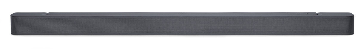 Długi, ciemnoszary soundbar jest wyświetlany na białym tle. Soundbar ma fakturę przypominającą siatkę.