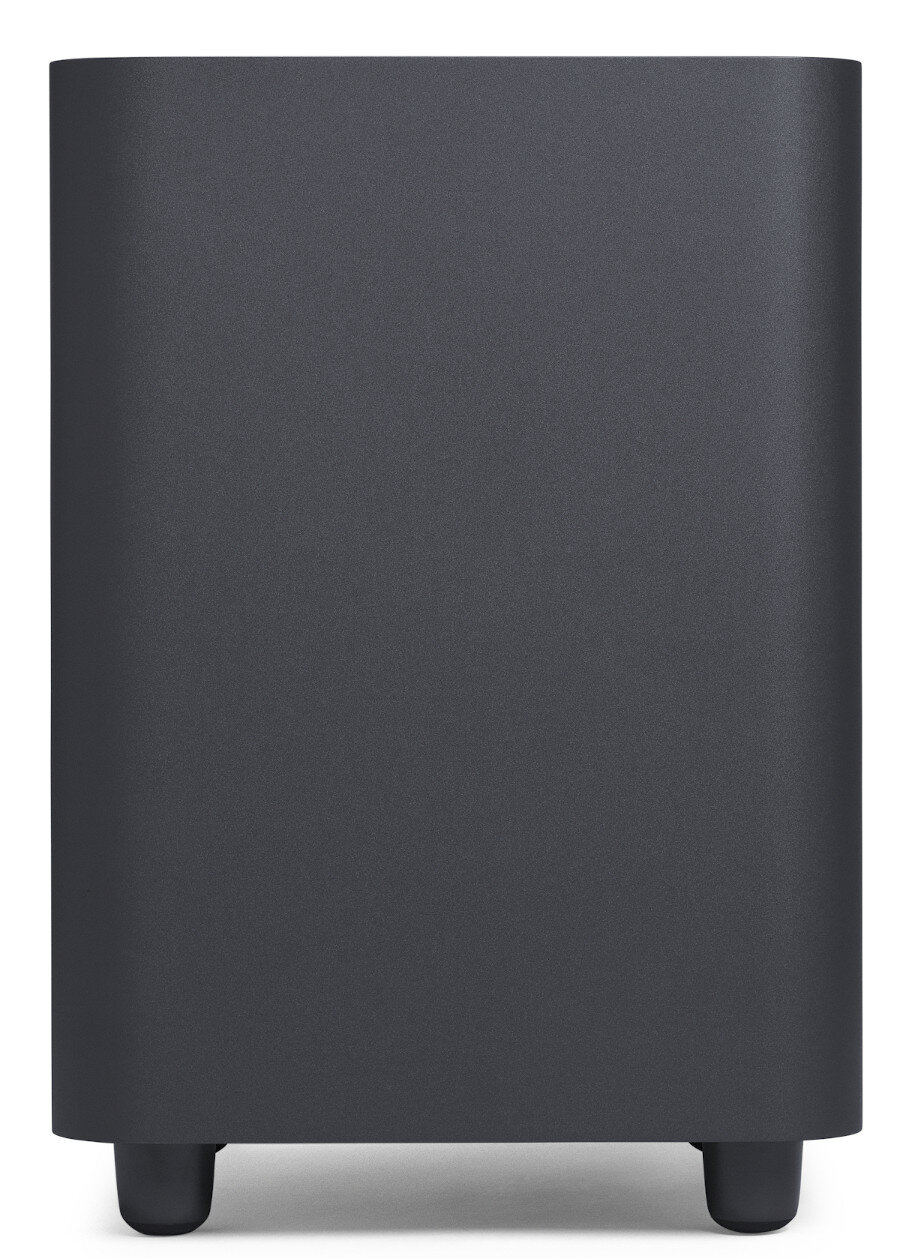 Czarny, prostokątny subwoofer na czterech małych nóżkach.