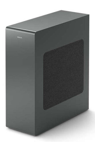 Czarny głośnik subwoofera z prostokątną kratką głośnika i czarnym kształtem skrzyni.