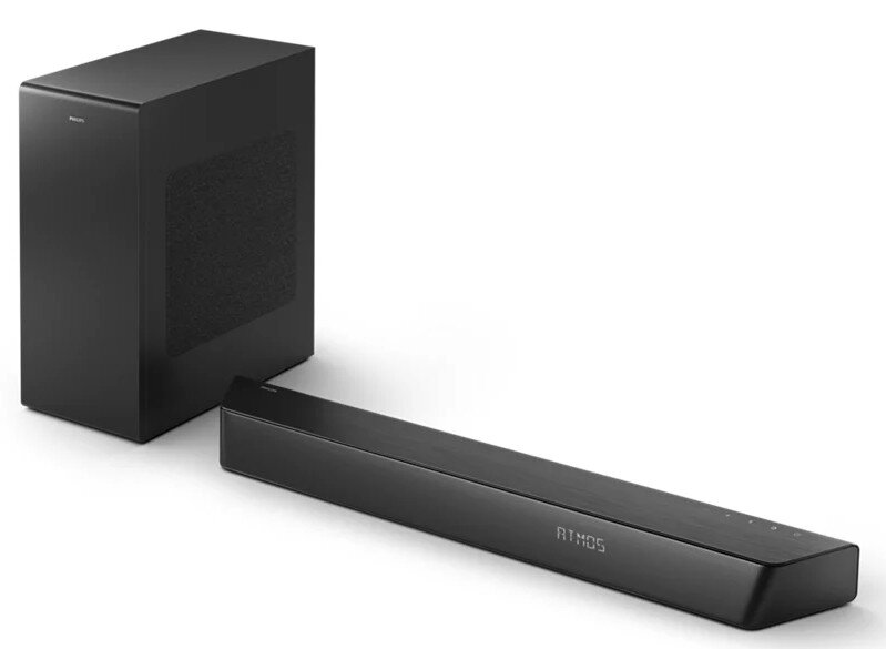 Zestaw soundbar i subwoofer na białym tle, w kolorze czarnym.
