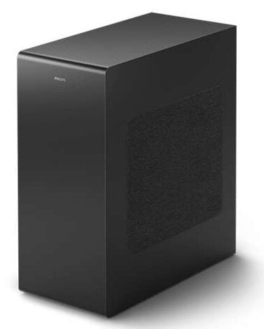 Czarny subwoofer z ciemną maskownicą głośnika, umieszczony na gładkim, białym tle.