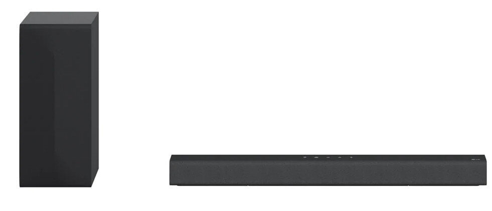 Czarny soundbar i zestaw subwoofera. Białe tło. Oba urządzenia skierowane do widza.