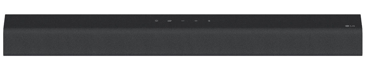 Długi czarny soundbar z logo LG i przyciskami na górze.