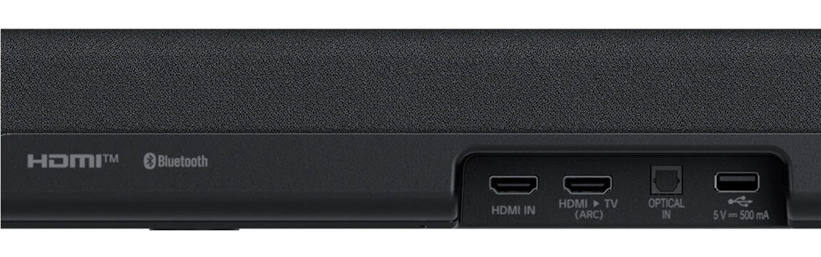 Tył czarnego soundbara z logo HDMI i Bluetooth, z różnymi portami wejściowymi.