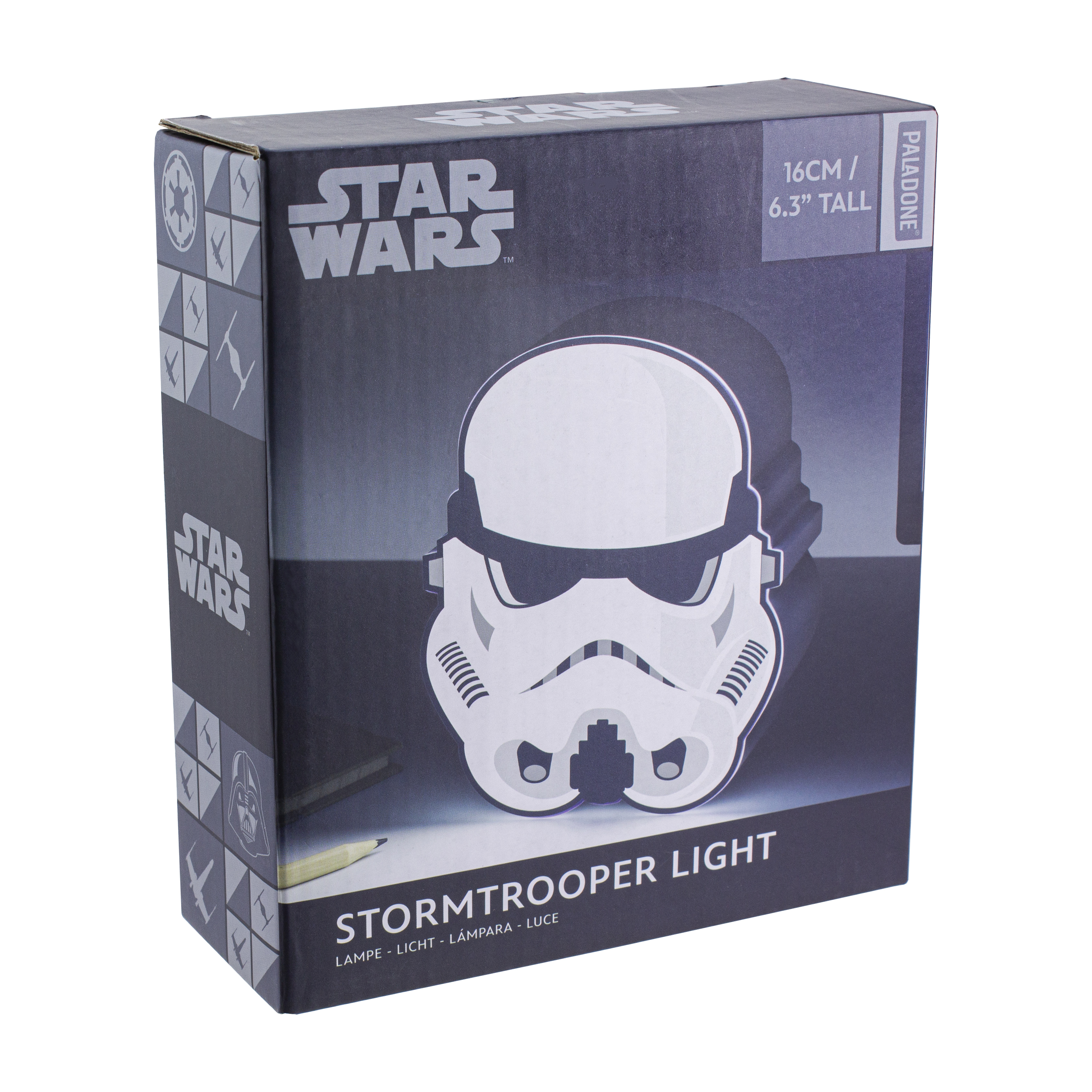Ein Star Wars Stormtrooper-Helm-Licht in einer Box. Die Box hat Star Wars Logos.