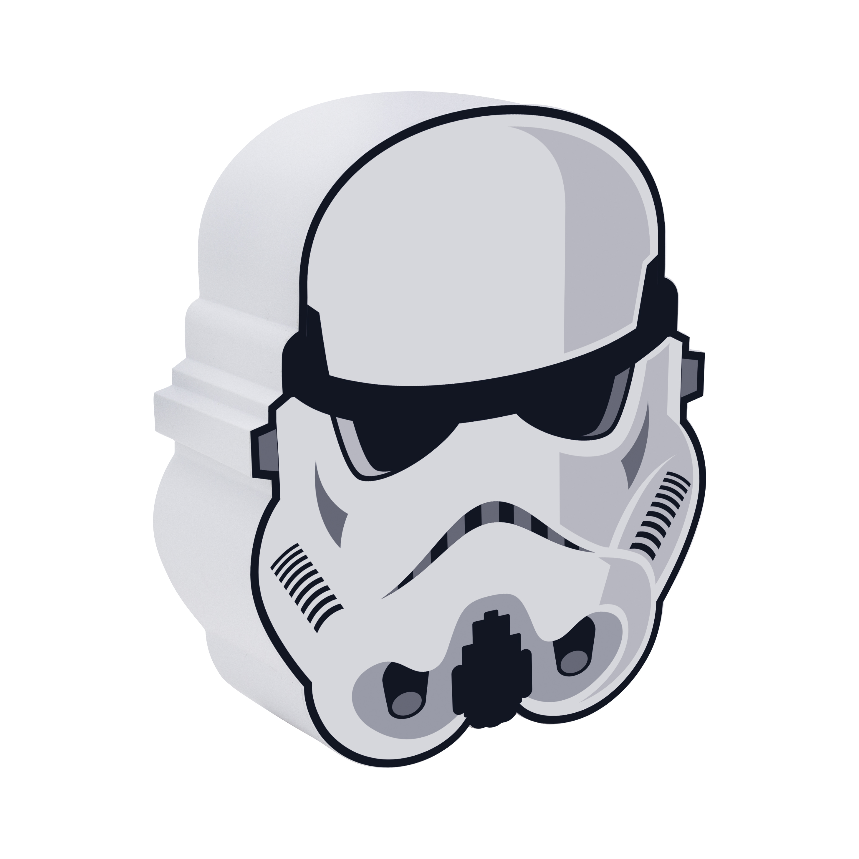 Sturmtruppenhelm, weiß mit schwarzen Details, ikonische Star Wars-Bilder.