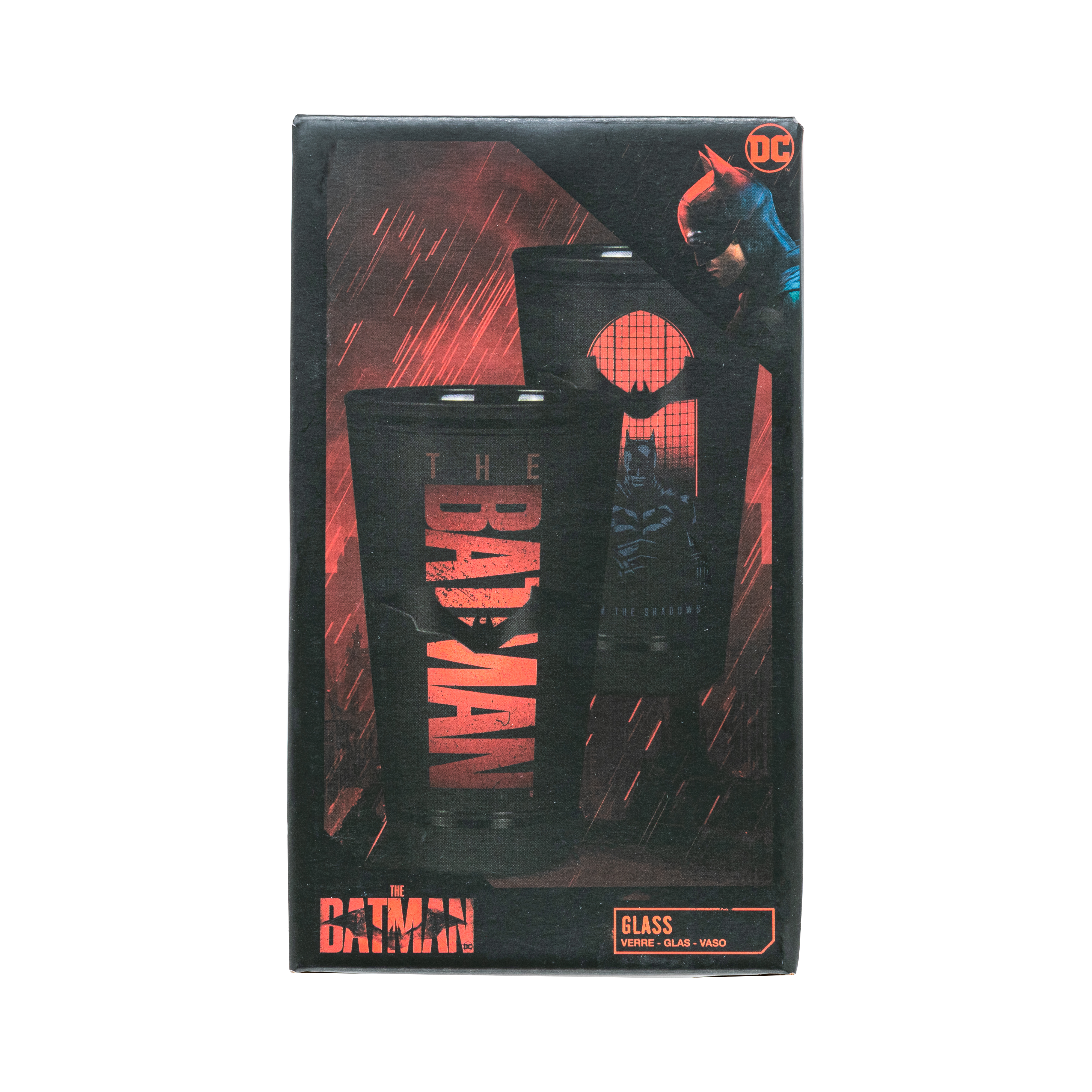 Verpackte Batman-Gläser. Die Schachtel zeigt ein Batman-Logo und -Bild.