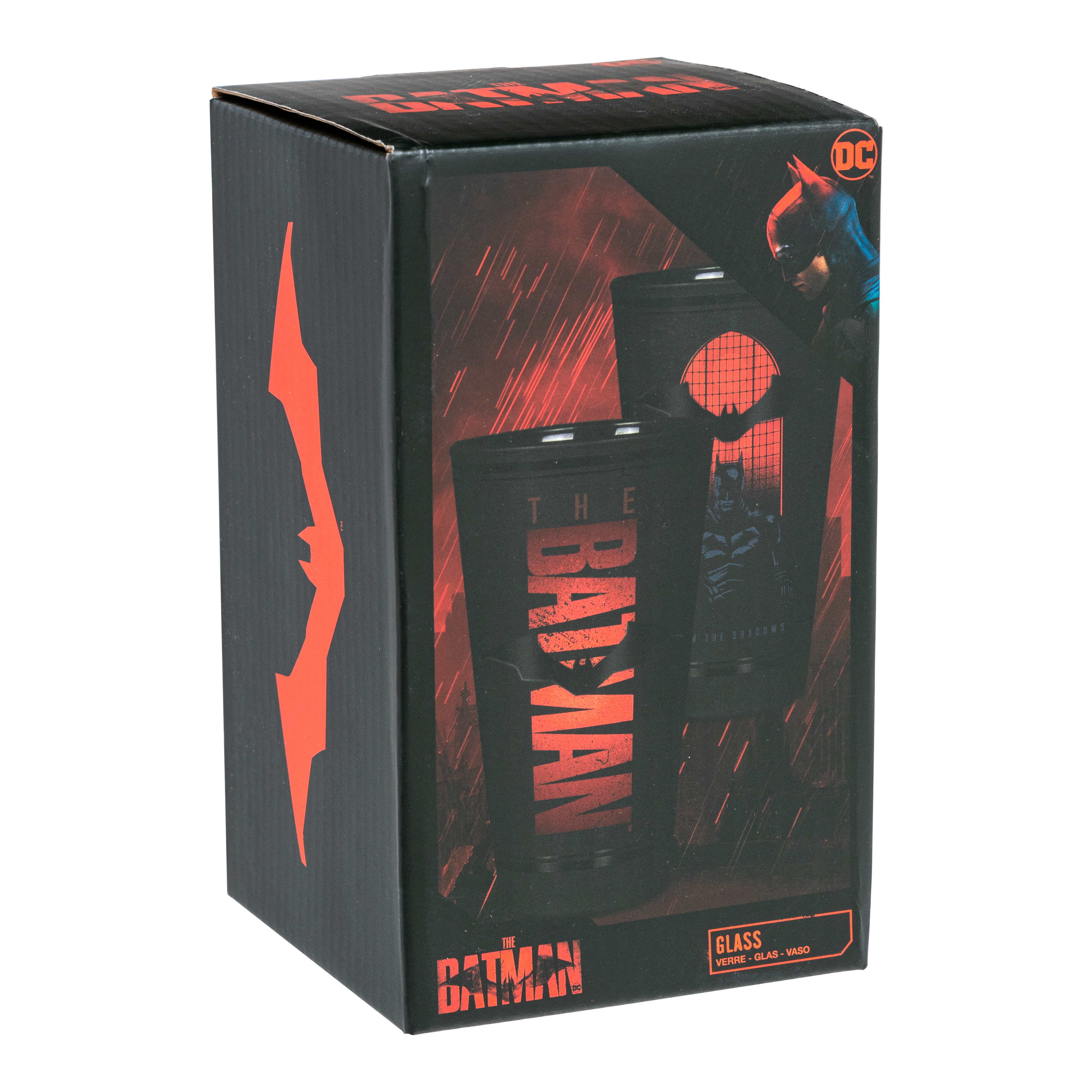 Batman-Geschenkbox mit zwei Gläsern. Die Box hat Batman-Bilder.