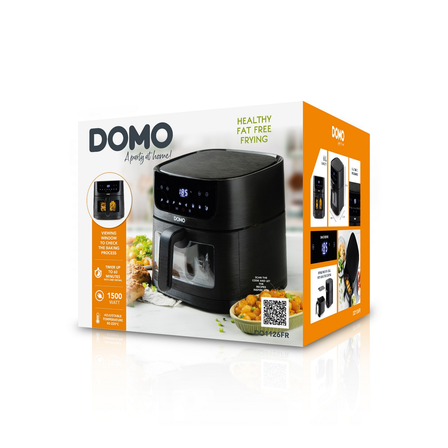 Une friteuse à air noire avec le logo DOMO et les détails du produit dans la boîte.