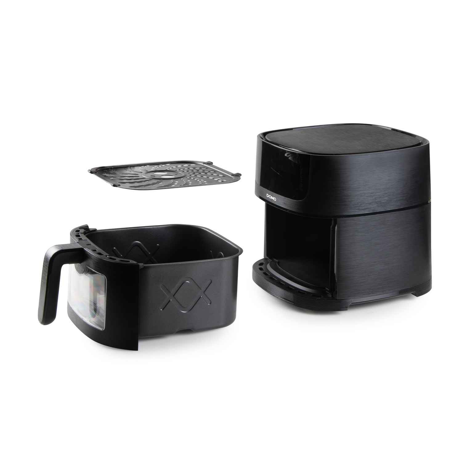 Friteuse à air noire avec panier et plateau amovibles. Elle a un extérieur noir.
