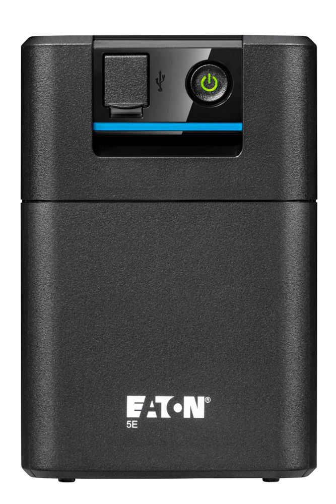 Fekete Eaton UPS. Téglalap alakú, USB porttal, zöld bekapcsológombbal és az 'Eaton' logóval az elején.