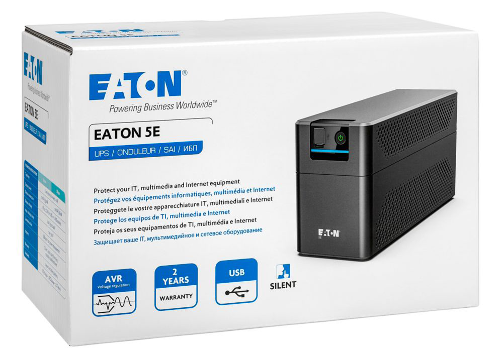 Egy Eaton 5E UPS doboz, a jobb oldalon egy UPS egységgel.