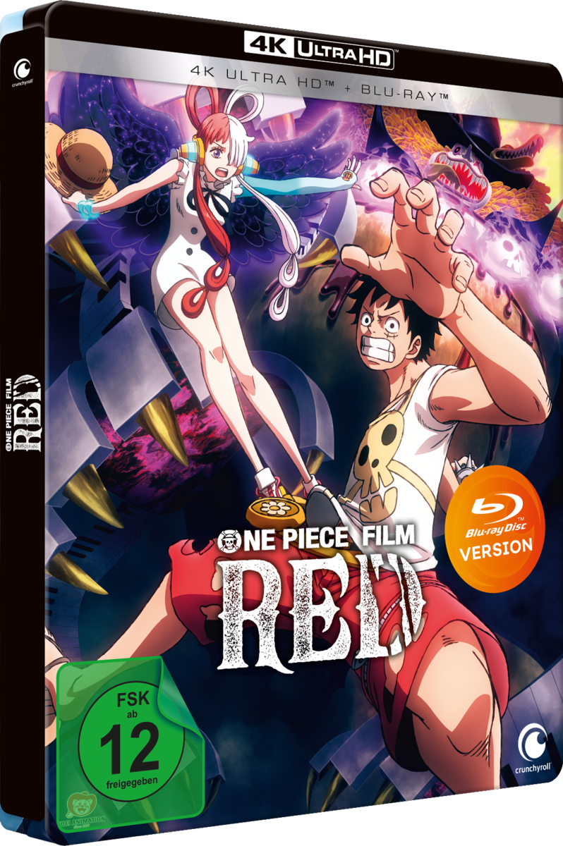 One Piece Film RED Blu-ray Disc-Cover mit Charakteren und Logo.