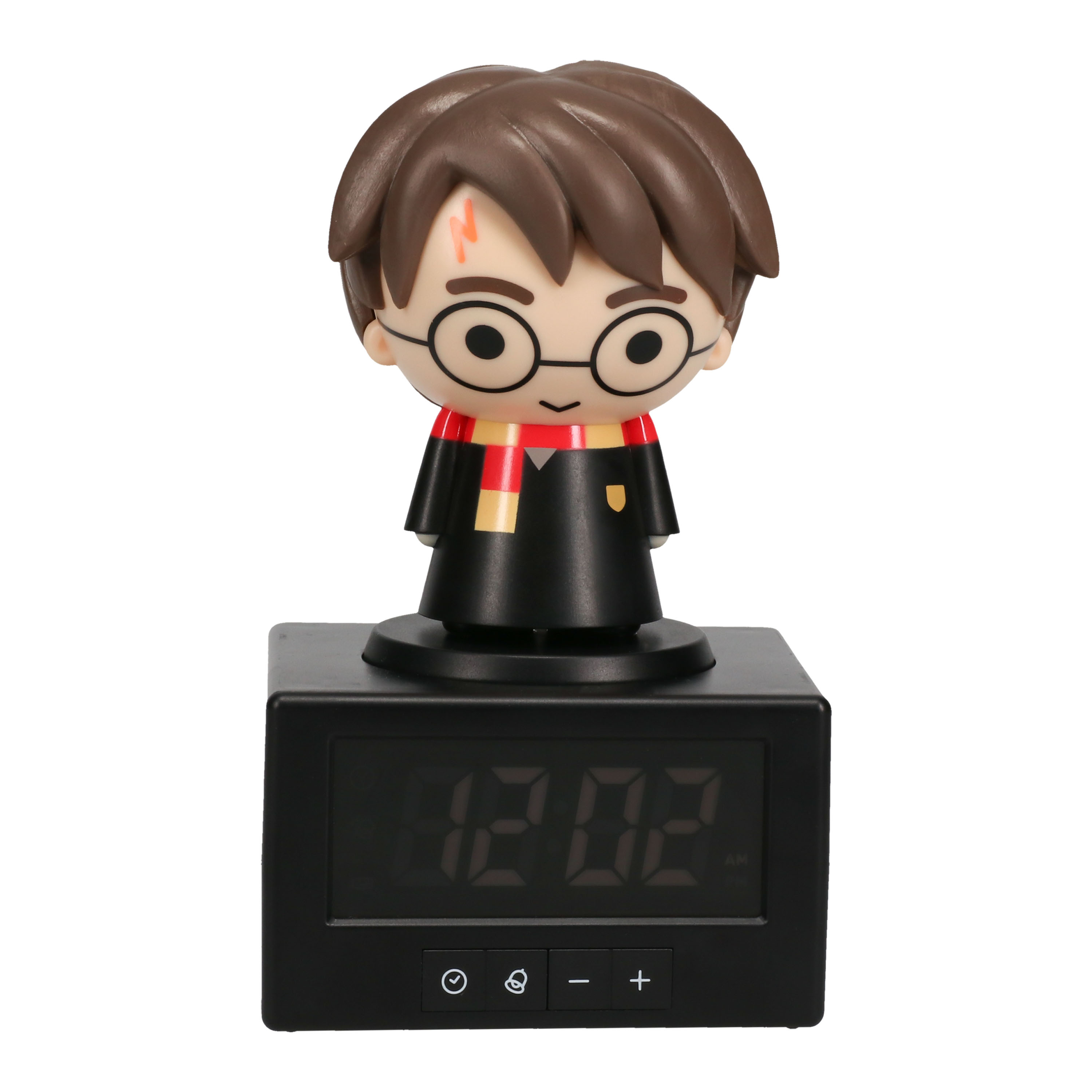 Harry Potter Figur auf einer schwarzen Digitaluhr, die die Zeit anzeigt.
