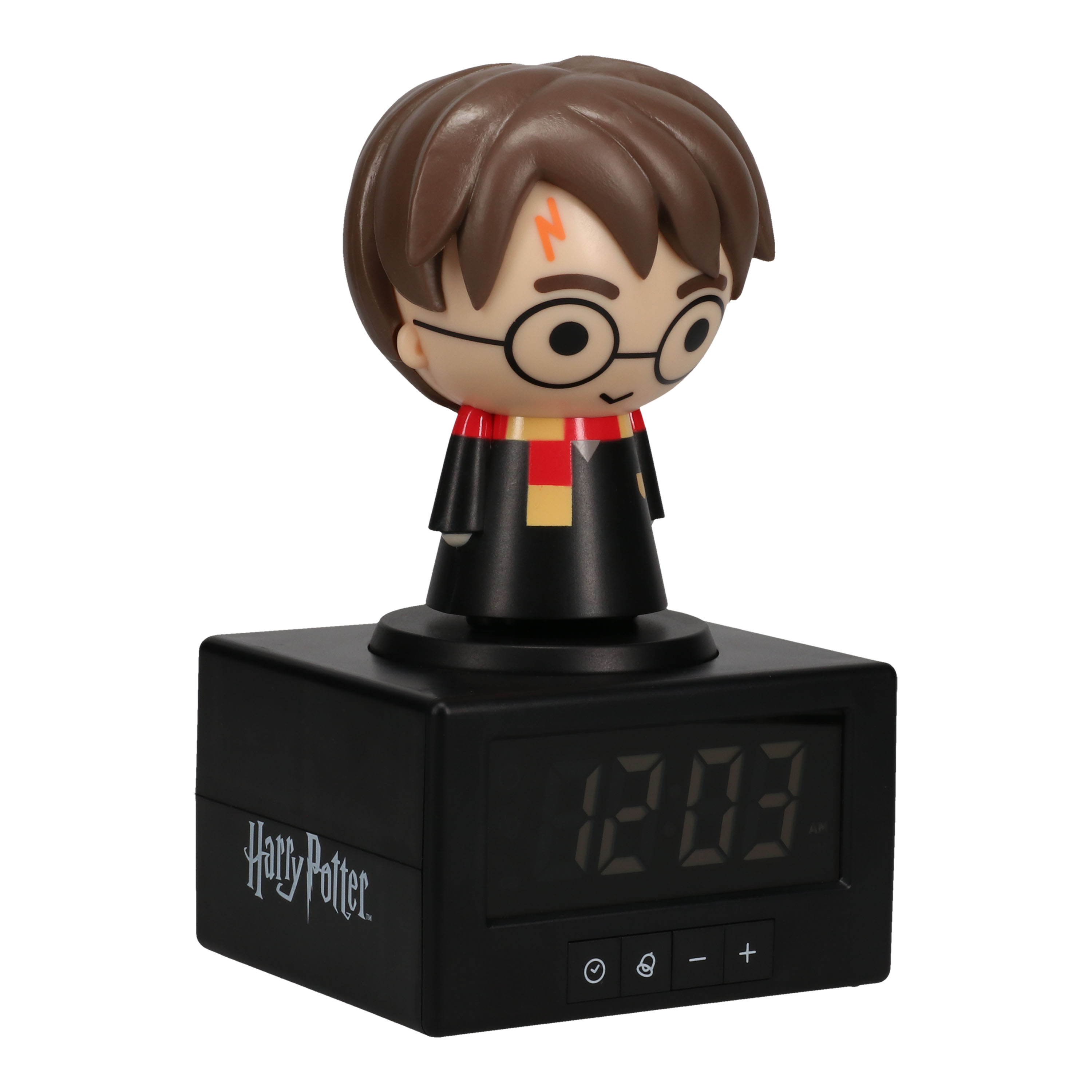Harry Potter Wecker mit einer Figur von Harry Potter oben drauf.