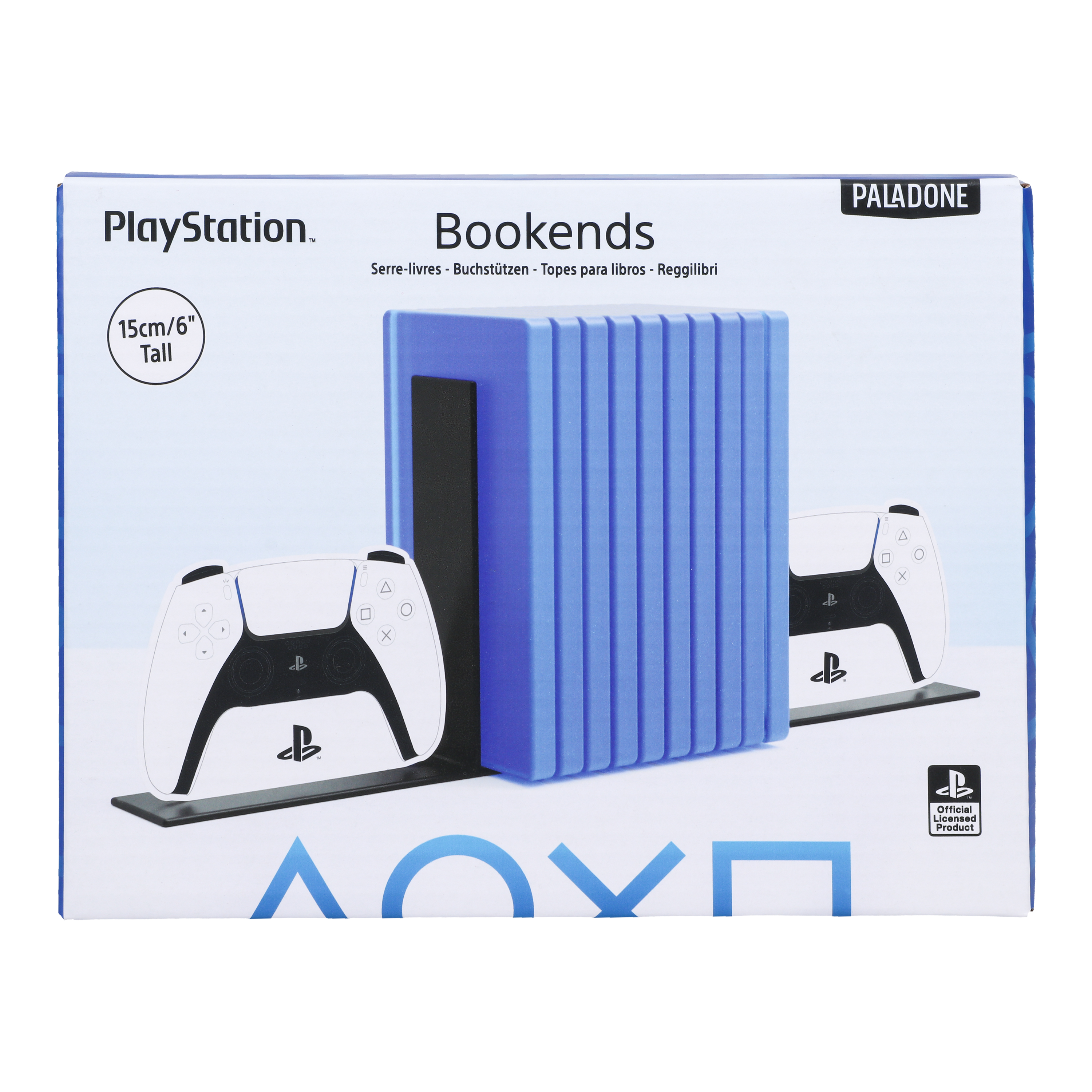 Buchstützenbox. Zwei PlayStation-Controller stehen vor einem blauen, geriffelten Teiler, und der Markenname wird angezeigt.