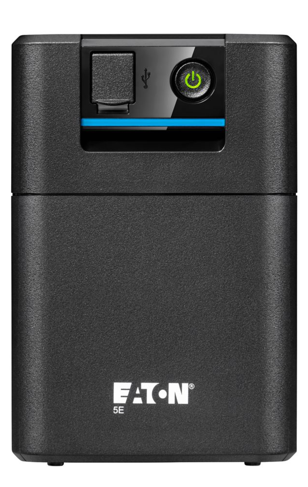 Fekete Eaton tápegység. Van rajta egy bekapcsológomb zöld fénnyel és egy USB port.