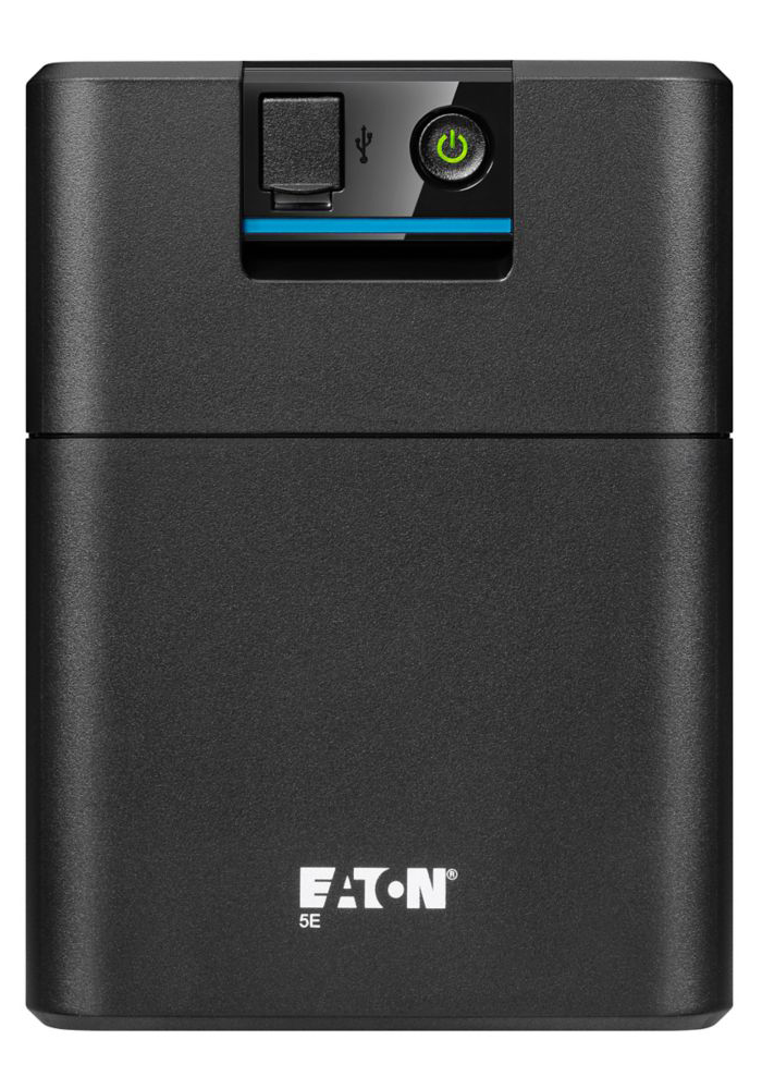 Fekete Eaton 5E szünetmentes tápegység. USB porttal, bekapcsológombbal és Eaton logóval.