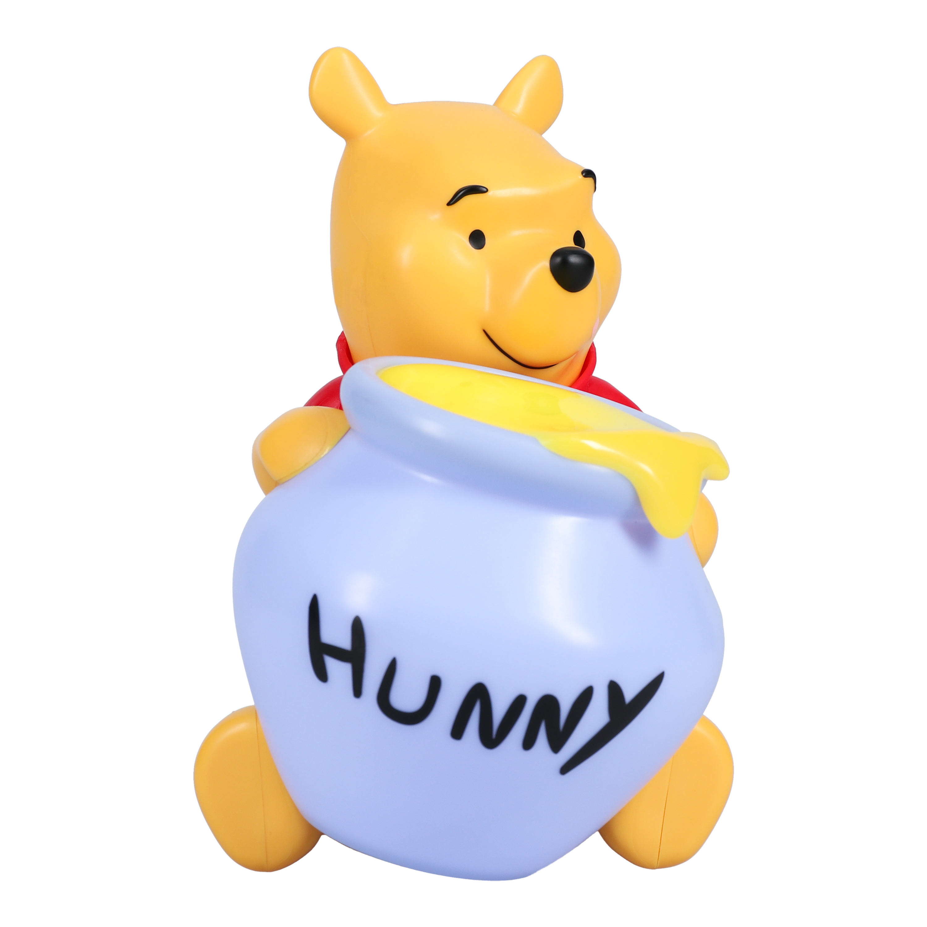 Winnie Puuh Figur hält einen blauen Topf mit dem Wort 'HUNNY' darauf.