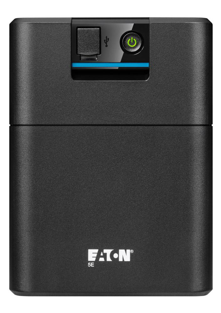 Fekete Eaton 5E UPS eszköz bekapcsológombbal, USB porttal és jelzővel.