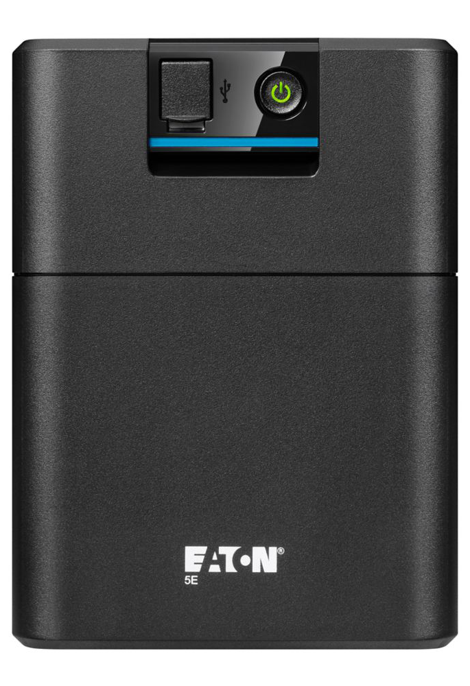 Fekete Eaton UPS eszköz bekapcsológombbal és USB-porttal fehér háttéren.