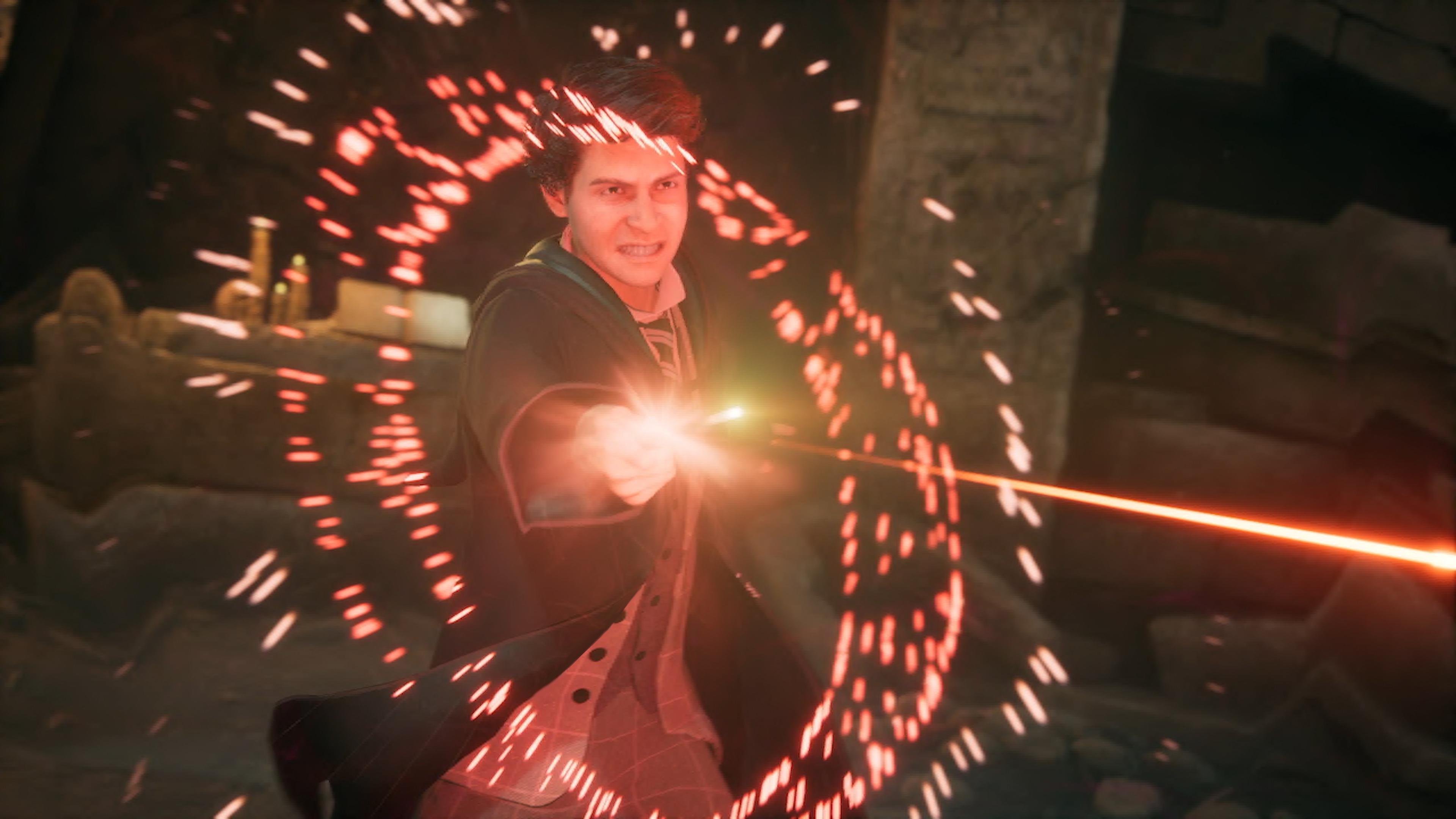 Ein Zauberer wirkt einen Zauber. Rote Lichtstrahlen kommen aus seiner Hand. Ein dunkler Steinraum.