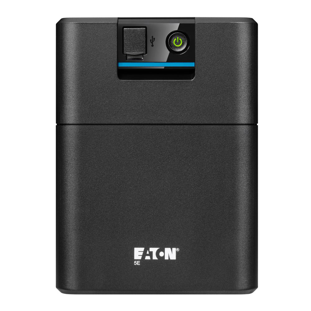 Egy fekete Eaton szünetmentes tápegység, táp- és USB-portokkal, valamint az Eaton logóval.