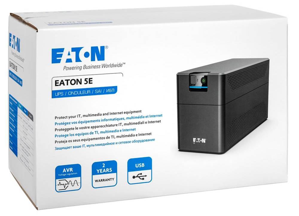 Egy fehér doboz egy Eaton 5E UPS egységgel, a funkcióival és specifikációival.