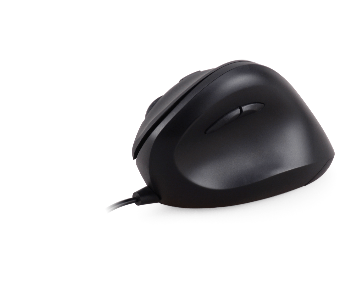 Un ratón negro con un diseño curvo y un cable conectado.