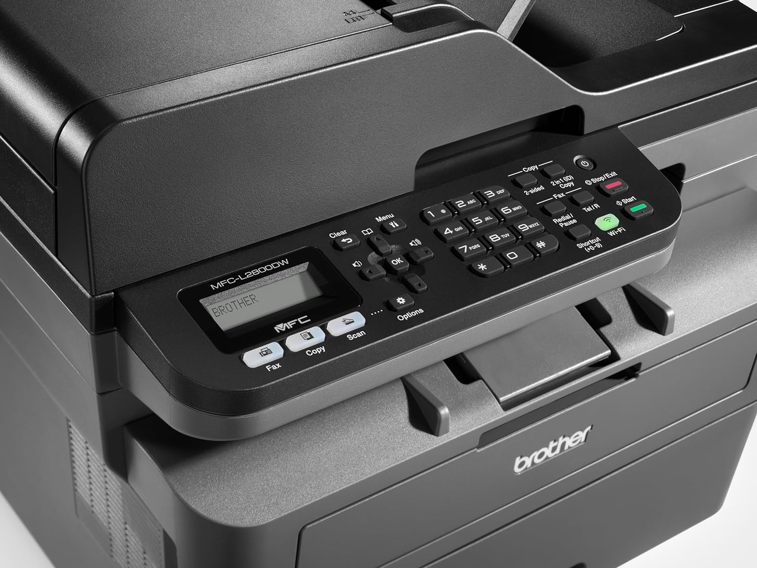 Impresora Brother MFC negra con panel de control, pantalla y botones.