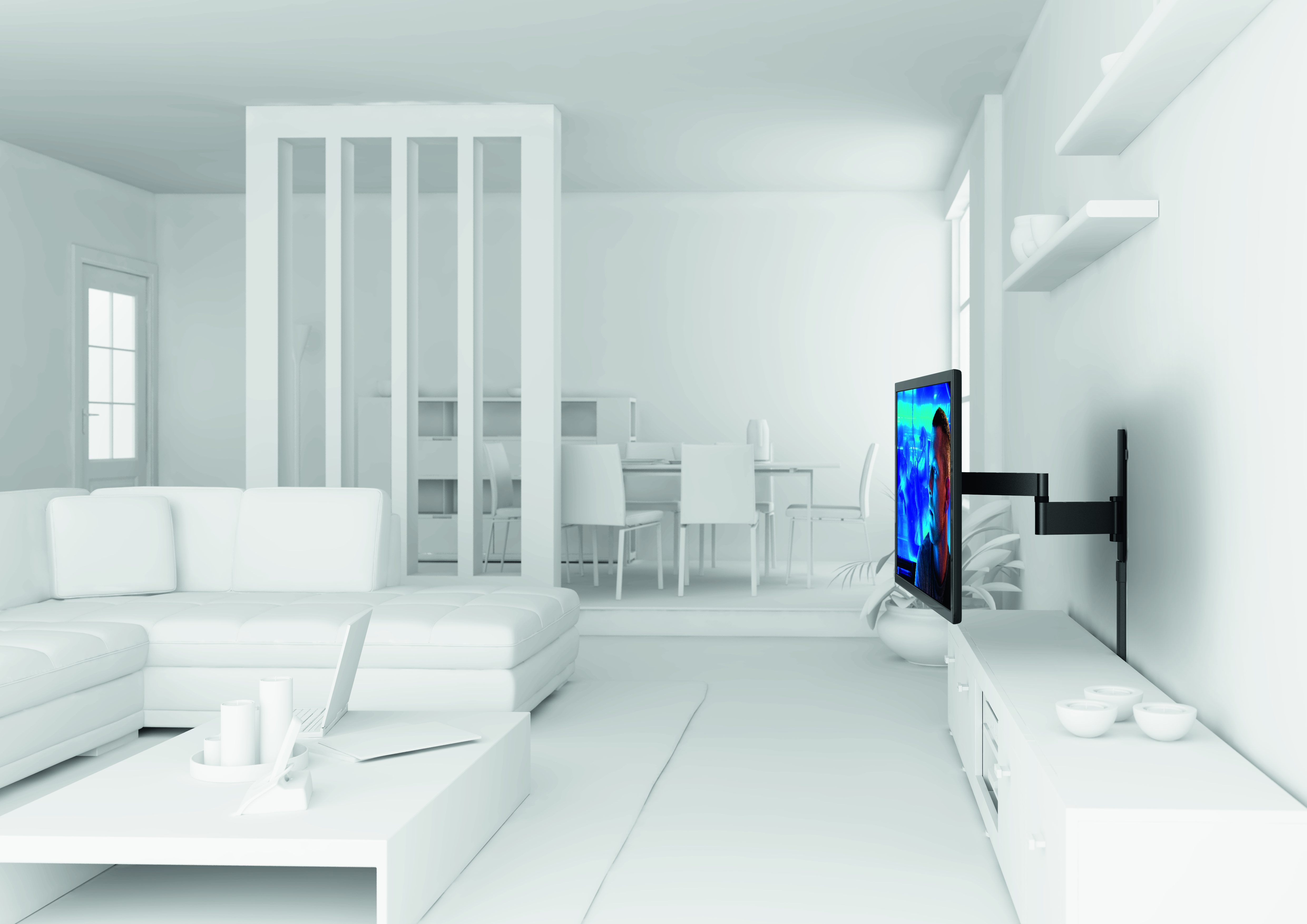 Jasny, biały salon z nowoczesnymi meblami, telewizorem i uchwytem ściennym.