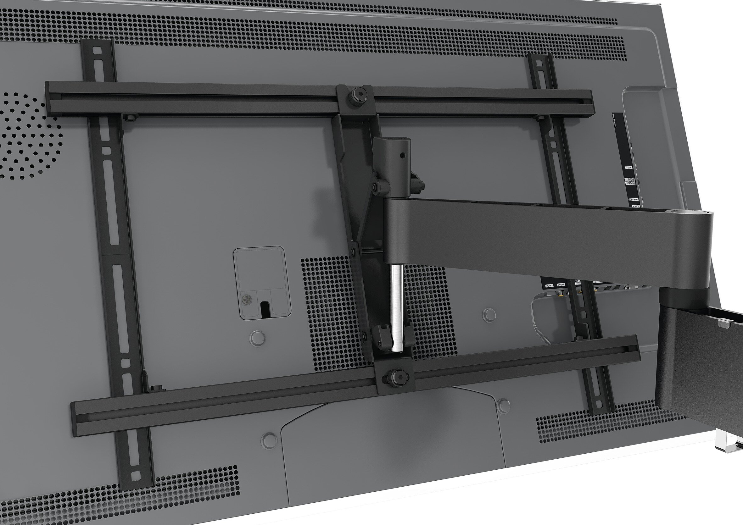 Tył telewizora z czarnym wspornikiem montażowym.