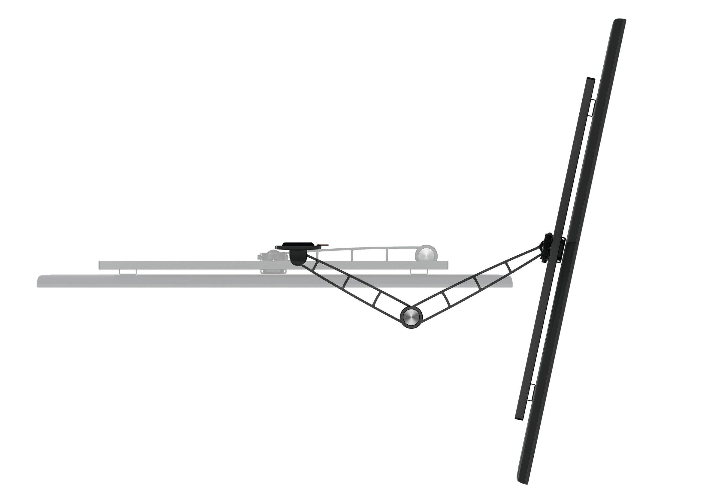 Widok z góry na czarny uchwyt do telewizora i ekran telewizora.