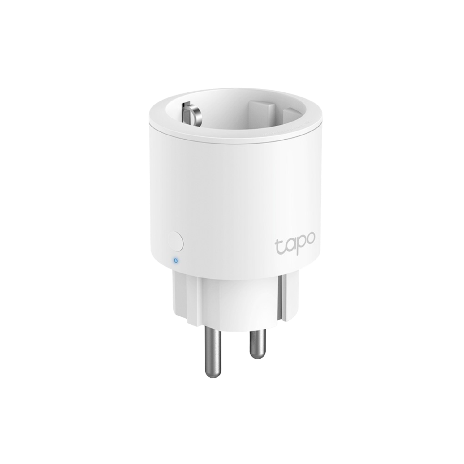 Een witte slimme stekkeradapter met zilveren pinnen en een blauw indicatielampje.